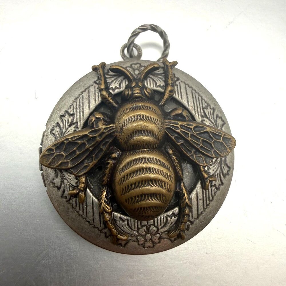 Vintage Oversized Bee Locket Pendant – Mixed Metal – Rustic Steampunk Style